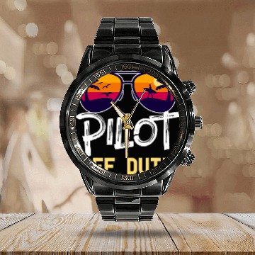 Discover Pilot Off Duty Beach Time Off Funny Summer Vacation Baseball Tees Calendar Steel Band Watch