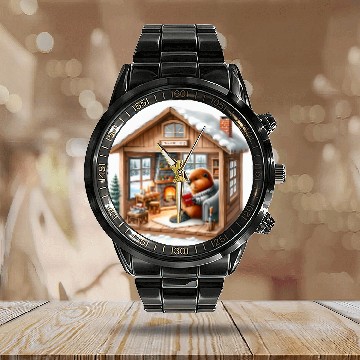 Discover Beaver Reading Engineering Book In Rustic Cabin Fireplace Zip Calendar Steel Band Watch