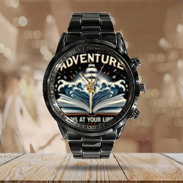 Discover Adventure Begins At Your Library Book Lover Hiking Camping 3 Calendar Steel Band Watch