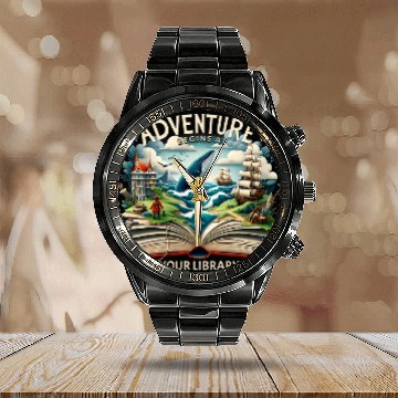 Discover Adventure Begins At Your Library Camping Nature Book Lover Calendar Steel Band Watch