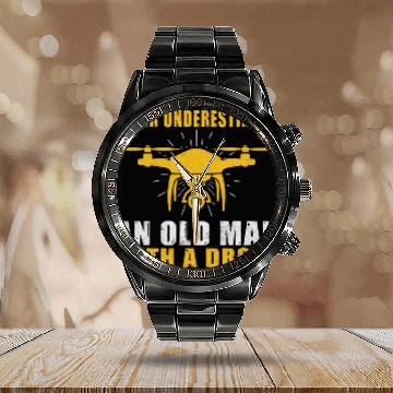 Discover Never underestimate an old Man with a Drone Pilot Zip Calendar Steel Band Watch