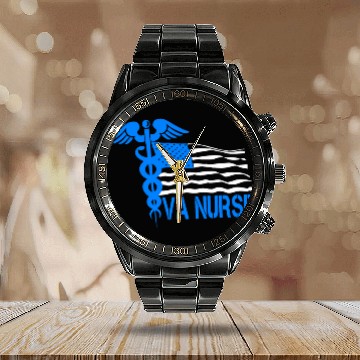 Discover Team VA nurses patriotic veterans nurses American Flag Calendar Steel Band Watch