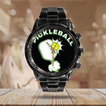 Discover Cartoon Pickleball Paddle Serve Calendar Steel Band Watch