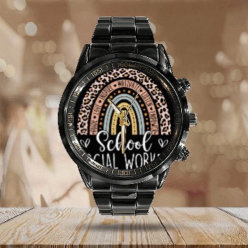 Discover School Social Worker SSW Rainbow Leopard Print Social Work Baseball Tees Calendar Steel Band Watch
