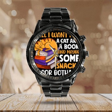 Discover Cat Book Snacks Lover Bookworm Cozy Reading Nerdy Kitten Calendar Steel Band Watch