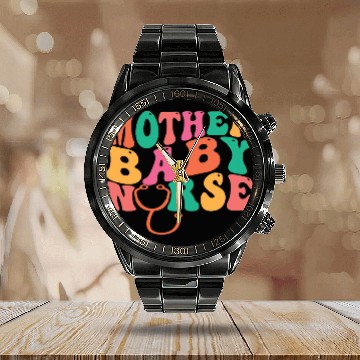 Discover Retro Groovy Mother Baby nurses Postpartum Nursing Student Baseball Tees Calendar Steel Band Watch