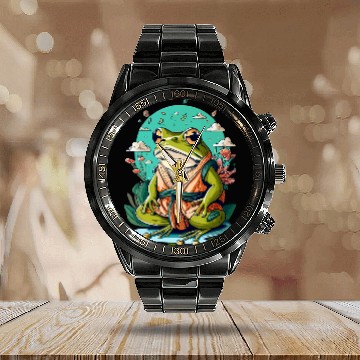 Discover cute cottagecore frog grumpy japanese frog karate sensei Calendar Steel Band Watch