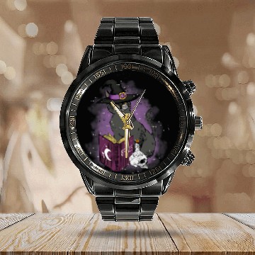Discover Cat and Witch Cats Spell Book Spiritual Design Calendar Steel Band Watch