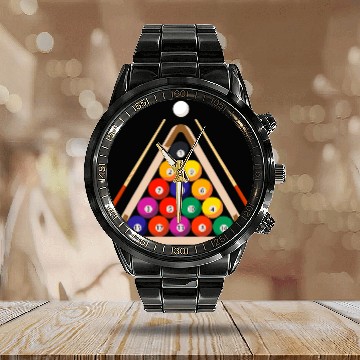Discover Billiard Balls and Stick Billiards Pool Player Calendar Steel Band Watch