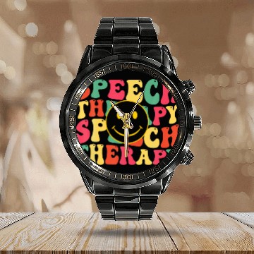 Discover Speech Therapy Speech Language Pathologist Therapist Groovy 3 Baseball Tees Calendar Steel Band Watch