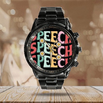 Discover Speech Therapy Retro Speech Language Pathologist Therapist Zip Calendar Steel Band Watch