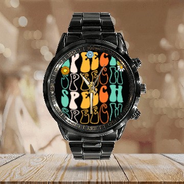 Discover Speech Therapy Retro Speech Language Pathologist Therapist 6 Calendar Steel Band Watch
