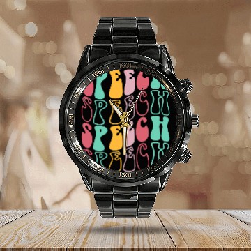 Discover Speech Therapy Retro Speech Language Pathologist Therapist 3 Baseball Tees Calendar Steel Band Watch