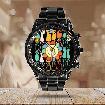 Discover Speech Therapy Retro Speech Language Pathologist Therapist 4 Calendar Steel Band Watch