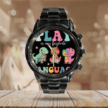 Discover Speech Therapy Speech Language Pathologist SLP Dinosaur Zip Calendar Steel Band Watch
