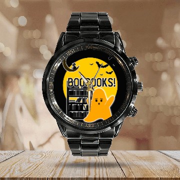 Discover Booooks Cute Boo ghosts Book Reader Halloween Cat and Bat Calendar Steel Band Watch