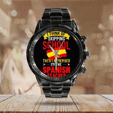 Discover Spanish Teacher Spain Flag Language Lesson Student 11 Baseball Tees Calendar Steel Band Watch
