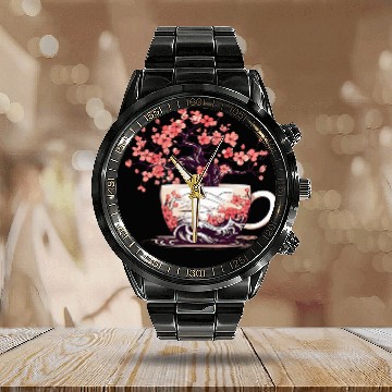 Discover Coffee Books And Cherry Blossoms Reading Tea 3 Calendar Steel Band Watch