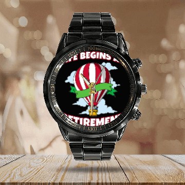 Discover Life Beginns At Retirement Hotair balloon Pilot Baseball Tees Calendar Steel Band Watch