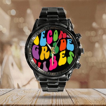 Discover Second Grade Vibes Teacher Student Back To School Zip Calendar Steel Band Watch