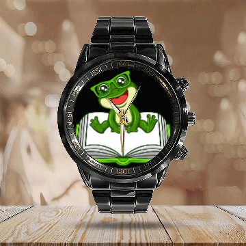 Discover Funny Frog Book Club Reading Literature Baseball Tees Calendar Steel Band Watch