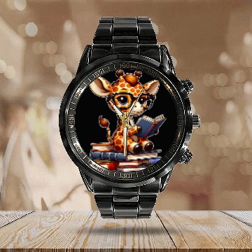 Discover Funny giraffe reading Bookworm Book Lovers Calendar Steel Band Watch