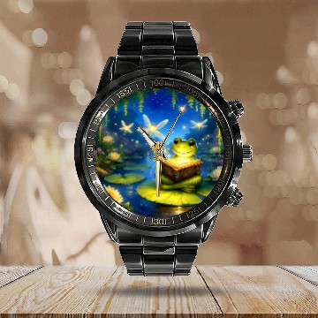 Discover Frog Reading Fairy Tale Book With Fireflies Magical Pond Calendar Steel Band Watch