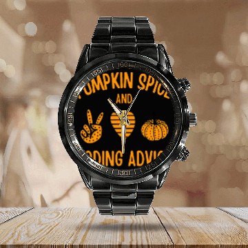 Discover Pumpkin Spice and Coder Advice Programmer Fall Halloween Calendar Steel Band Watch