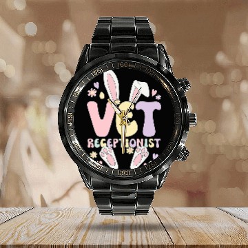 Discover Vet Receptionist Easter Bunny Veterinary Receptionist Zip Calendar Steel Band Watch