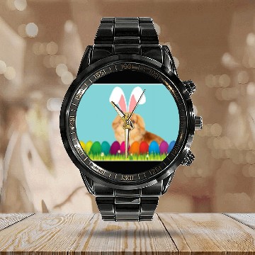 Discover Pekingese w Bunny Ears Calendar Steel Band Watch