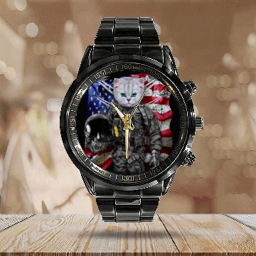 Discover Fluffy White Cat Fighter Jet Pilot with Flag of USA Baseball Tees Calendar Steel Band Watch