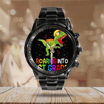 Discover Student 1st Grade Dinosaur TRexs Back To School Calendar Steel Band Watch