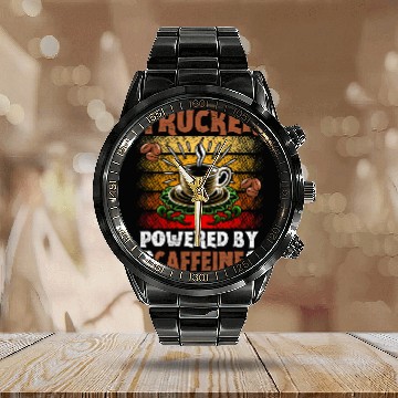 Discover Trucker Powered By caffeines Truck Driver Calendar Steel Band Watch