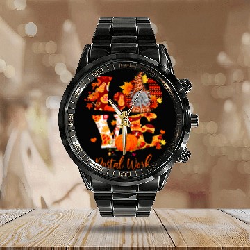 Discover Fall Leopard LOVE Gnome Postal Worker Thanksgiving Calendar Steel Band Watch