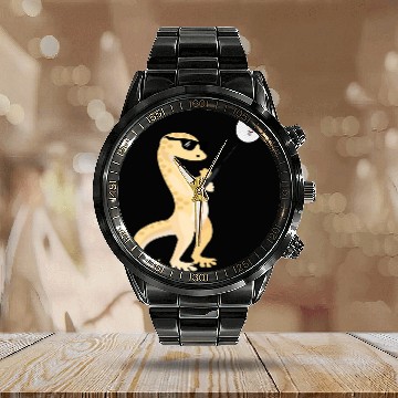 Discover Funny Gecko Wearing Sunglasses Playing Badminton Lizard Calendar Steel Band Watch