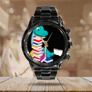Discover Dinosaur Reading Book Person or Bookish Calendar Steel Band Watch
