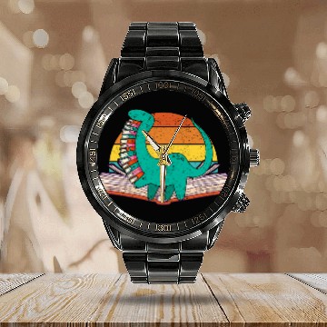 Discover Dino Books Reading Bookworm Dinosaur Book Lover Librarian Baseball Tees Calendar Steel Band Watch