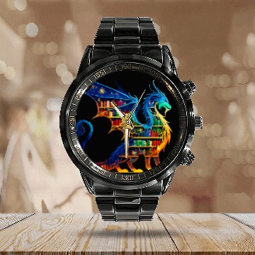 Discover Book Dragon Reading Book lover Baseball Tees Calendar Steel Band Watch
