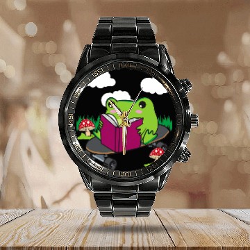 Discover Cottagecore Aesthetic Cute Skateboarding Frog Reading Book 2 Calendar Steel Band Watch