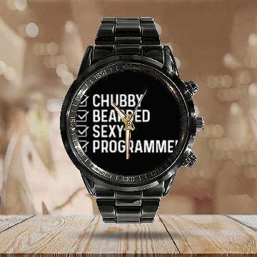 Discover Mens Chubby Bearded Sexy Programmer Funny IT Coding Software Code Calendar Steel Band Watch