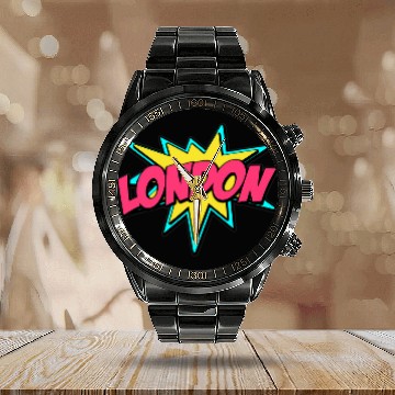 Discover London UK Retro Comic Book Art Superhero Bubble Zip Calendar Steel Band Watch