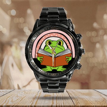 Discover Cottagecore Frog and Book Rainbow Farmcore Calendar Steel Band Watch
