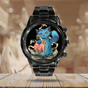 Discover Funny magic cat with magic book and magic ball Calendar Steel Band Watch