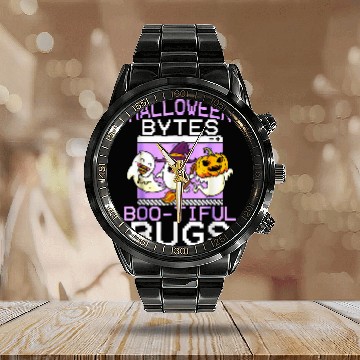 Discover Halloween Bytes Boo Tiful Bugs Programmer Halloween Women Calendar Steel Band Watch