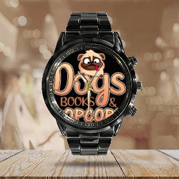 Discover Book Lover Dogs Books and Popcorn Zip Calendar Steel Band Watch