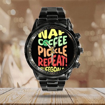 Discover Funny Pickleball Goals Nap Coffee Pickle Repeat Pickleballer Calendar Steel Band Watch