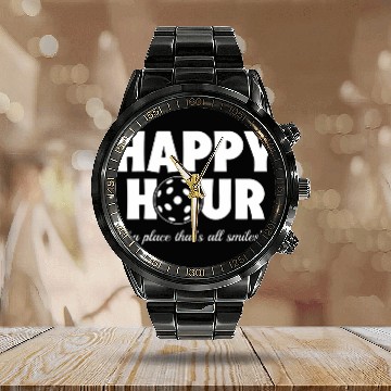 Discover Funny Pickleball Happy Hour White Calendar Steel Band Watch
