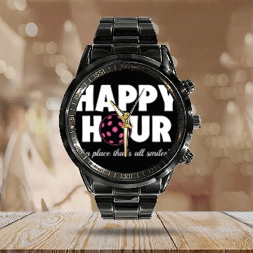 Discover Funny Pickleball Happy Hour Pink Baseball Tees Calendar Steel Band Watch