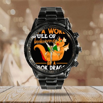 Discover Book Lover Reading Librarian Bookworm Funny Book Dragon Calendar Steel Band Watch
