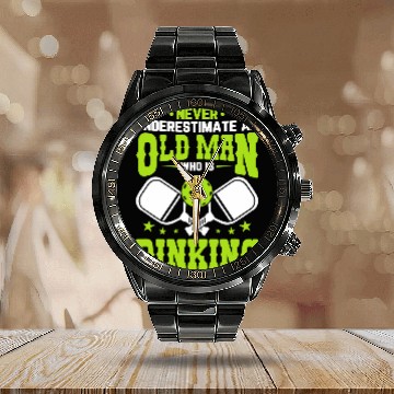 Discover Funny Pickleball Old Man Dinking Graphic Pickleball Player Calendar Steel Band Watch